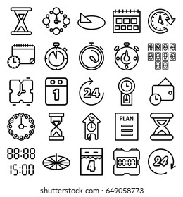 Time icons set. set of 25 time outline icons such as 24 hours, stopwatch, wallet, plan, hourglass, wall clock, sundial, 1st day calendar, 4th date calendar, pendulum