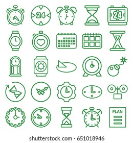 Time icons set. set of 25 time outline icons such as alarm, hourglass, clock, stopwatch, bomb, plan, wall clock, wrist watch, sundial, wrist watch with sun, calendar, 24 hour