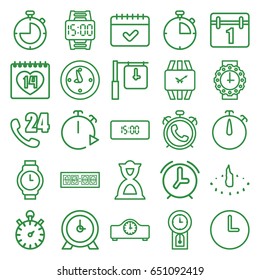 Time icons set. set of 25 time outline icons such as alarm, clock, calendar, 14 date, hourglass, wall clock, wrist watch, wrist watch for woman, wrist dial watch, sundial