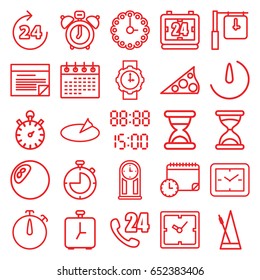 Time icons set. set of 25 time outline icons such as 24 hours, clock, hourglass, calendar, metronome, stopwatch camera, plan, wall clock, wrist watch for woman, digital time