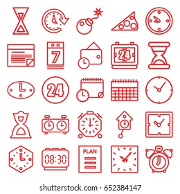 Time icons set. set of 25 time outline icons such as clock, bomb, hourglass, calendar 7 date, wallet, time, plan, wall clock, sundial, 24 hours, pendulum, stopwatch