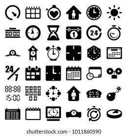 Time icons. set of 36 editable filled time icons such as arrival table, man in home, calendar, 24 hours support, bomb, contrast, 24 hours, clock, wall clock, digital time