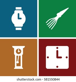Time icons set. Set of 4 Time filled icons such as wall clock, wrist watch, pendulum