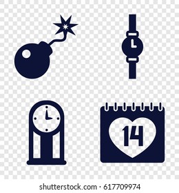 Time icons set. set of 4 time filled icons such as 14 date, bomb, wrist watch