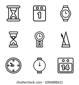 Time icons. set of 9 editable outline time icons such as metronome, clock, 14 date calendar, wrist watch, 1st day calendar, hourglass