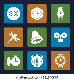 Time icons set. Set of 9 Time filled icons such as wall clock, wrist watch for woman, wrist watch, stopwatch, digital clock, bell, alarm