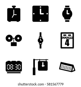 Time icons set. Set of 9 Time filled icons such as wall clock, wrist watch, calendar, 4th date calendar, clock, alarm