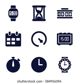 Time icons set. Set of 9 Time filled icons such as wall clock, wrist watch for woman, wrist dial watch, calendar, hourglass, digital clock