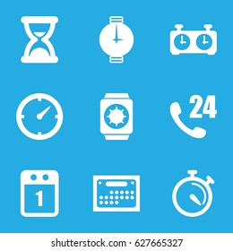 Time icons set. set of 9 time filled icons such as stopwatch, clock, wrist watch, wrist watch with sun, 1st day calendar, calendar, hourglass