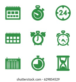 Time icons set. set of 9 time filled icons such as alarm, arrival table, stopwatch, 24 hour, hourglass, clock alarm