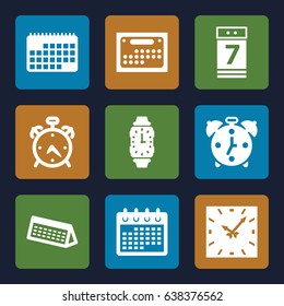 Time icons set. set of 9 time filled icons such as alarm, calendar, calendar 7 date, wrist watch