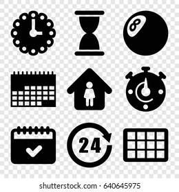 Time icons set. set of 9 time filled icons such as man in home, calendar, 24 hours, wall clock, stopwatch, clock