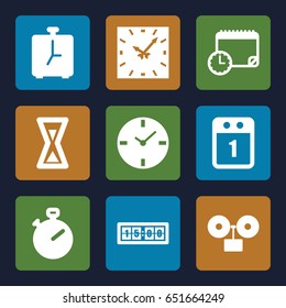 Time icons set. set of 9 time filled icons such as 1st day calendar, hourglass, calendar with clock, clock, digital clock, alarm