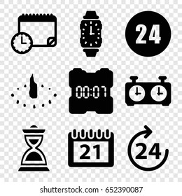 Time icons set. set of 9 time filled icons such as 24 hours, hourglass, calendar, wrist watch, sundial, calendar with clock, clock