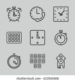 Time icons set. set of 9 time outline icons such as stopwatch, wall clock, calendar, clock