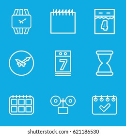 Time icons set. set of 9 time outline icons such as calendar 7 date, wall clock, wrist watch, calendar, 4th date calendar, hourglass