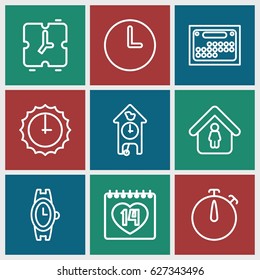 Time icons set. set of 9 time outline icons such as wrist watch, man in home, 14 date, wall clock, sundial, calendar, cuckoo clock, alarm
