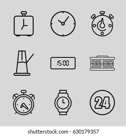 Time icons set. set of 9 time outline icons such as alarm, wrist watch, 24 hours, pendulum, digital clock, stopwatch