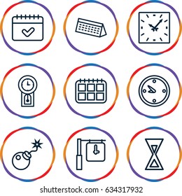 Time icons set. set of 9 time outline icons such as calendar, bomb, clock, hourglass