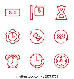Time icons set. set of 9 time outline icons such as hourglass, clock, 24 hours, digital clock, gear clock, alarm