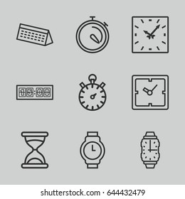 Time icons set. set of 9 time outline icons such as clock, hourglass, stopwatch, wrist watch, calendar