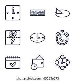 Time icons set. set of 9 time outline icons such as alarm, calendar, wallet, wall clock, sundial, 24 7 hour