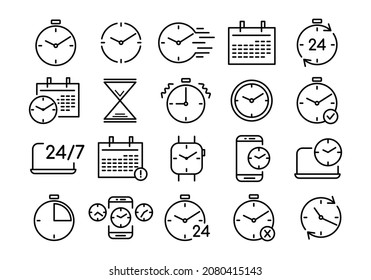 Time icons set. Alarm clock pictogram. Flat watch vector symbol for web. Line stroke. Isolated on white background. Vector eps10