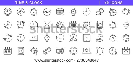 Time icons set. Time and clock icons in line style. Editable web icons timer, watch, speed, calendar, alarm clock, date and time management. Vector illustration.