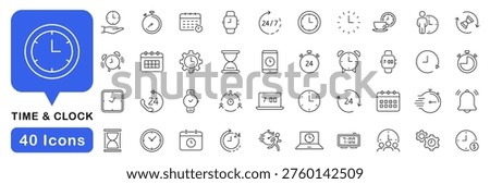Time icons set. Time and clock icons in line style. Editable web icons timer, watch, speed, calendar, alarm clock, date and time management. Vector illustration.