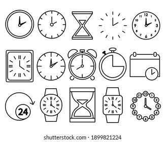 Time icons set. Clock pictogram. Flat symbol for web. Line stroke. Isolated on white background. Vector eps10
