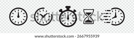Time Icons Set: Clock, Stopwatch, Hourglass, and Motion