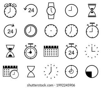 Zeitsymbole gesetzt. Vektorgrafik-Vektorgrafik mit Zeit und Uhr. weißer Hintergrund