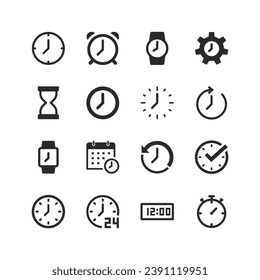 Time icons set. Clock. Wall clocks, wrist watches, digital and analog. Measurement and display of time. Devices show the current time. Black and white style