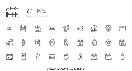 time icons set. Collection of time with calendar, wall clock, stopwatch, watch, wake up, limited time, delivery, smartwatch, hours, skills, timer. Editable and scalable time icons.