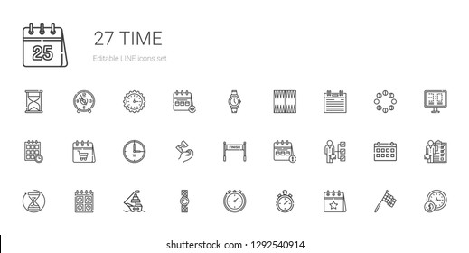 time icons set. Collection of time with calendar, stopwatch, stopclock, watch, ship, hourglass, skills, finish, schedule, agenda, backgammon. Editable and scalable time icons.