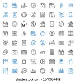 time icons set. Collection of time with calendar, wall clock, stopclock, progress bar, skills, feeder, wake up, stopwatch, racing, clock, lunchbox. Editable and scalable time icons.