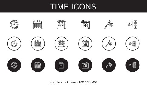 time icons set. Collection of time with clock, calendar, racing, skills. Editable and scalable time icons.