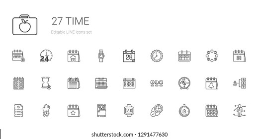 time icons set. Collection of time with limited time, wall clock, watch, wake up, calendar, wedding planning, clock, hourglass, skills, moon phases. Editable and scalable icons.