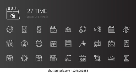 time icons set. Collection of time with package delivered, agenda, calendar, moon phases, racing, stopclock, hourglass, skills, wall clock, university. Editable and scalable time icons.