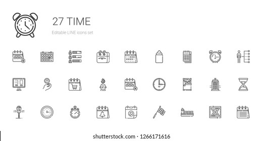 time icons set. Collection of time with ship, racing, calendar, stopwatch, wall clock, parking meter, wake up, saving, scoreboard, feeder, load time. Editable and scalable time icons.