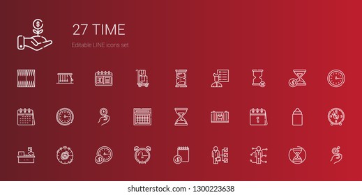 time icons set. Collection of time with skills, agenda, alarm clock, wall clock, stopwatch, working, calendar, cargo, hourglass, user list, clock. Editable and scalable time icons.