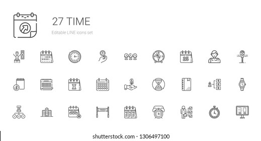 time icons set. Collection of time with skills, alarm clock, calendar, finish, university, hourglass, agenda, investment, clock, scoreboard. Editable and scalable time icons.