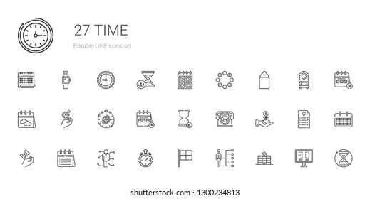 time icons set. Collection of time with university, skills, racing, stopwatch, calendar, hourglass, investment, hours, wall clock, feeder, moon phases. Editable and scalable time icons.