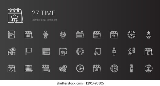 time icons set. Collection of time with wall clock, calendar, working, smartwatch, agenda, racing, wake up, hourglass, watch, timer, saving. Editable and scalable time icons.