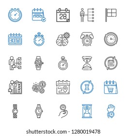 time icons set. Collection of time with watch, time is money, wall clock, calendar, hourglass, working, skills, stopclock, smartwatch, alarm clock. Editable and scalable time icons.