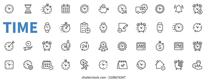 Time icons set. Contains such icons as clock, smart watch, fast shipping, wall clock, alarm, bell, person hour and more. Outline icons collection. Line style - stock vector.