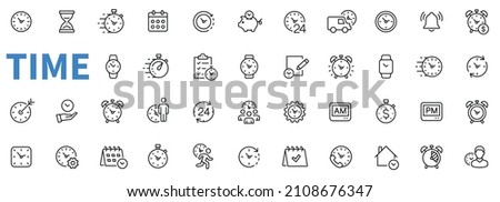 Time icons set. Contains such icons as clock, smart watch, fast shipping, wall clock, alarm, bell, person hour and more. Outline icons collection. Line style - stock vector.