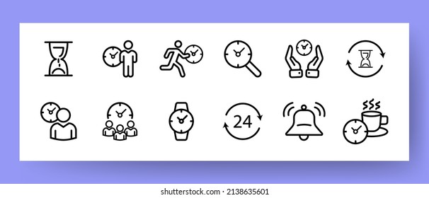 Time icons set. Icons hourglass, alarm clock, time search, being late and breakfast time. Time management concept. Vector EPS 10.