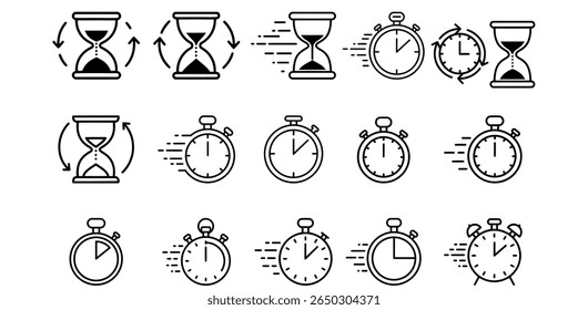Time Icons Set – Hourglass, Stopwatch, Timer, Countdown, Chronometer Symbols