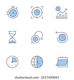 Ícones de hora definidos. Linha Duotone estilo, traço editável. cronômetro, minutos, tempo de comercialização, alvo, calendário, ampulheta, gerenciamento de tempo, fuso.
